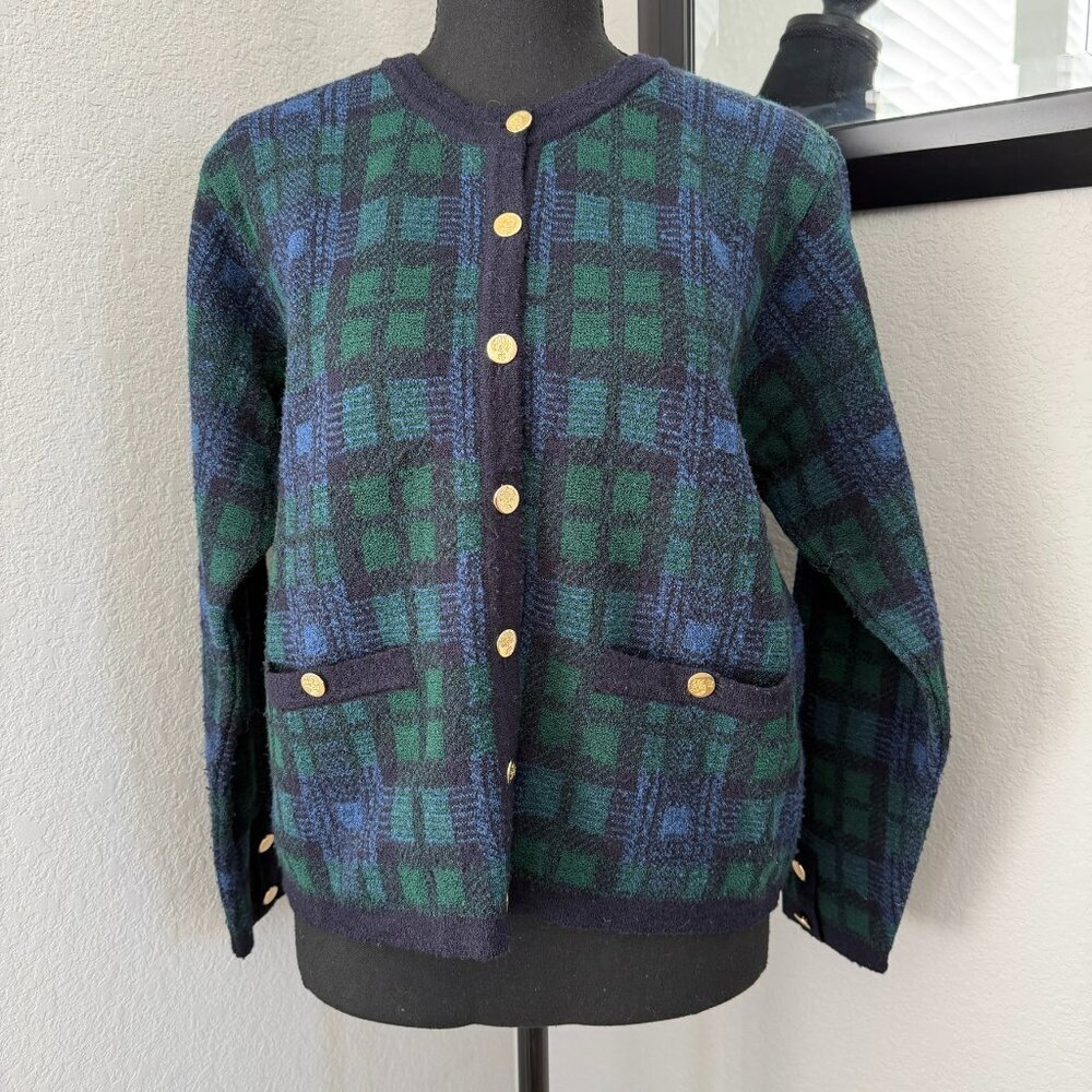VINTAGE 80s Talbots Tartan Plaid Blue Green Cardigan Sweater Medium - Picture 4 of 14